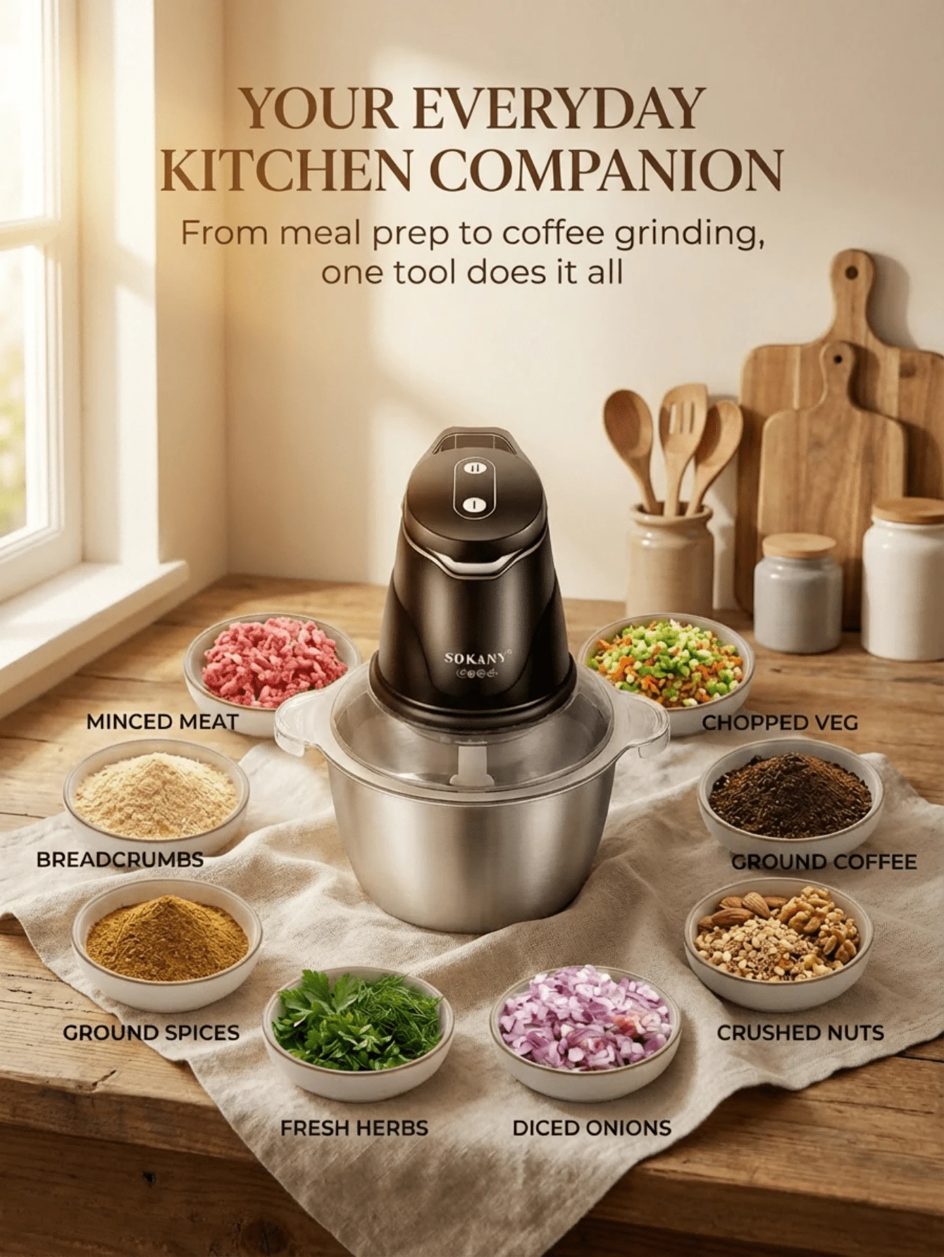 SOKANY 7020 电动绞肉机，可切碎蔬菜、压碎大蒜、制作蒜蓉，2升大容量，400瓦大功率快速搅拌，304不锈钢刀片，适用于蔬菜、洋葱、大蒜、水果、坚果、沙拉和面团搅拌，适合家庭使用，厨房电器