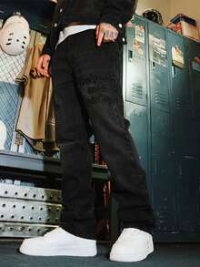 Casual Loose Straight Wide-Leg Jeans, High Street Embroidery Washed Plus Size Denim Pants - Black - View 3