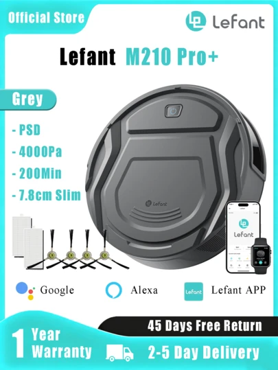  Lefant M210 Pro+ Robot Vacuum Cleaner - 4000Pa Strong Suction, PreciSense Obstacle Avoidance, Mini(7.8cm Thin 28cm DIA) & Quiet(58db), 200 Mins Runtime, Self-Charging, Wi-Fi/App/Alexa Control, Ideal For Pet Hair Hard Floor And Carpet