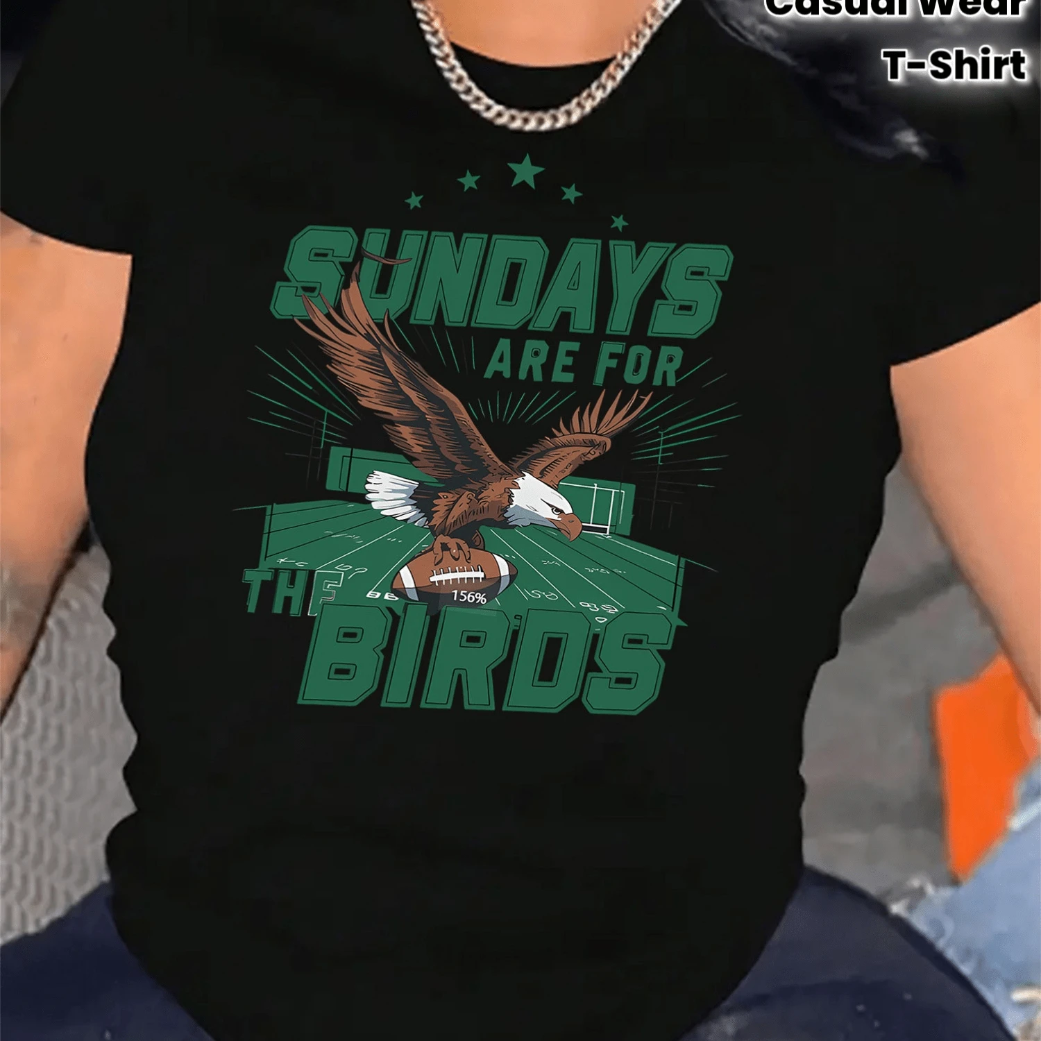 Women's Eagle & Football Letter Print T-Shirt - Casual Short Sleeve Summer Top With Appliqué Design, Comfortable SpringSummer Blouse For S Events - 黑色 - 查看 1