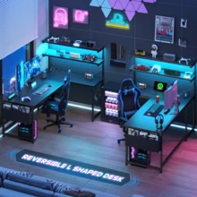 EnHomee 43.3" Reversible L Shaped Computer Desk Home Office Desk Gaming Desk With LED Light Power Outlet Storage,Black - View 7