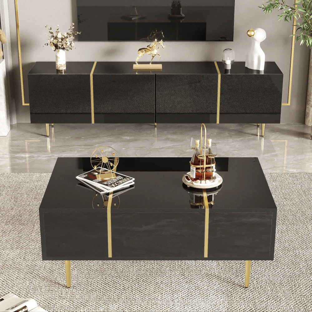 High Brightness TV Unit With Tea Table, With 4 Doors, Modern And Minimalist Style, Black, White. - Black - View 1