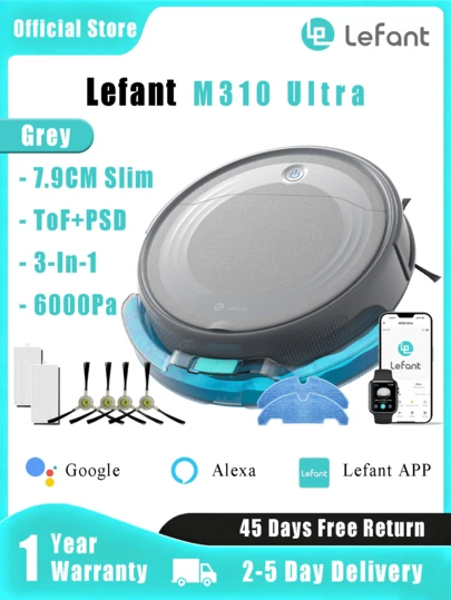  Lefant M310 Ultra Robot Vacuum Cleaner And Mop, 6000Pa Suction Power, 7.9cm Ultra-Flat, Precise Navigation, 170Min Runtime, App Control, Carpet Detection, Pet Hair, Gift For Girls/Mom,Ideal For Cleaning Hard Floors In Kitchens, Living Rooms, And Other Similar Spaces.