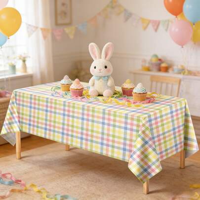 1/3 chiếc khăn trải bàn họa tiết kẻ caro kiểu Buffalo mùa xuân/lễ Phục Sinh, kích thước 137x274cm, chất liệu nhựa, màu hồng, xanh dương, vàng pastel, thích hợp trang trí bàn ăn trong nhà và ngoài trời, cho sinh nhật, lễ Phục Sinh mùa xuân.