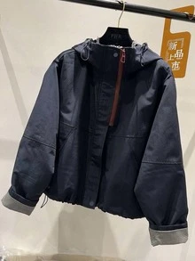 Áo khoác gió ngắn tay phối màu, khóa kéo đôi, kiểu dáng cao cấp châu Âu, mẫu mới Xuân/Thu 2026 dành cho nữ. Áo khoác có mũ, khóa kéo đôi, họa tiết kẻ caro, thích hợp mặc ngoài. - màu xanh nước biển - Xem 3