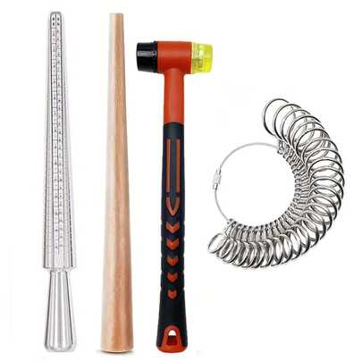 1/4pcs Jewelry Measuring Tools - Ring Mandrel Size Measurement Set - 25mm Rubber Mallet, Repair Wooden Stick, Ring Sizer Gauge, US/UK Measurement Rod, Suitable For Ring Repair And Measurement, Wedding/Engagement Ring Adjustment