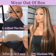 13x6 13x4 HD Lace Front Wig, 200% Density Human Hair Blend, Pre-Plucked Bleached Knots Straight Hair, #P4/27 Highlighted Human Hair Blend Wig, 26 Inch Women Pre-Trimmed HD Lace Front Wig With Baby Hair - SP4/27 - View 6