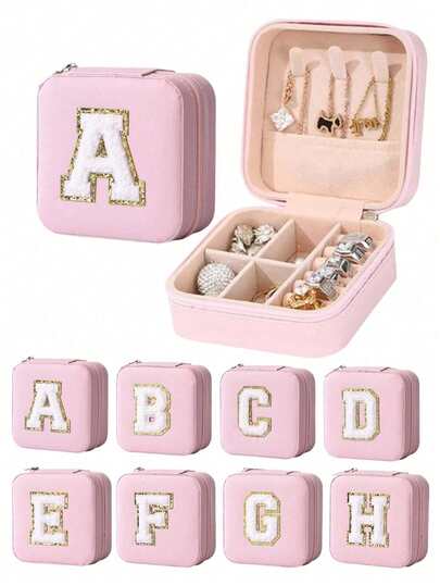 2 件套（1 个首饰盒 + 1 张字母贴纸）旅行首饰盒，DIY 字母首饰收纳盒，PU 材质首饰收纳盒，简约便携，适合收纳项链、戒指、耳环、手链、口红、珠宝、耳钉、假睫毛、指甲贴、手表等饰品。