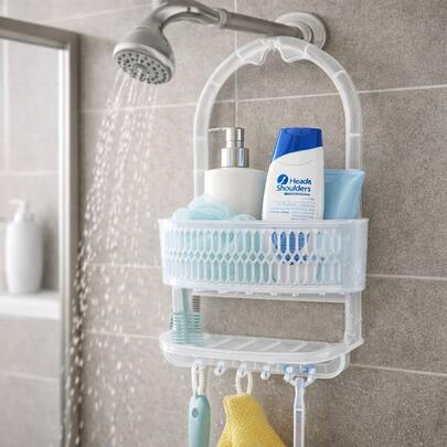 Estante de almacenamiento para colgar en el baño, organizador de ducha con ganchos, Soporte para champú, Jabón, de plastico con 2 niveles