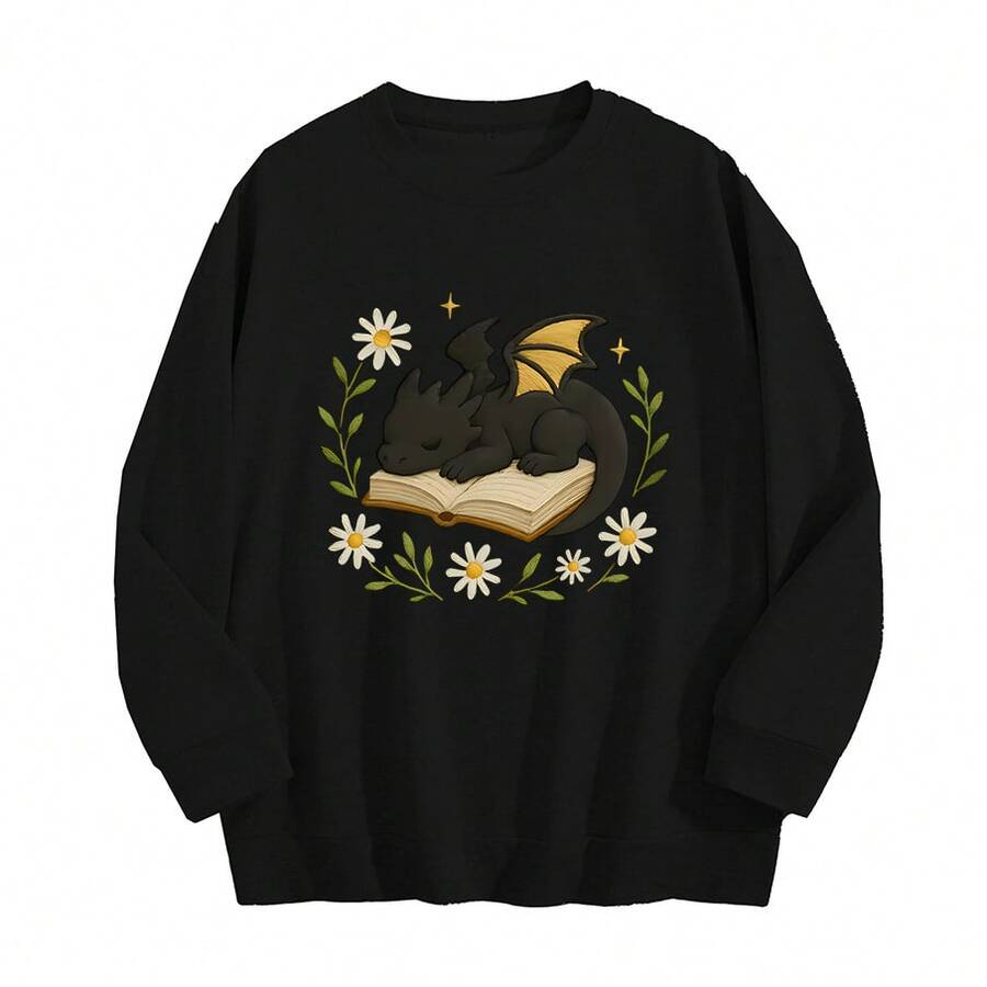 Women'S Black Fantasy Dragon On Book Graphic Sweatshirt - Cozy Pullover With Floral & Starry Night Design, Soft Round Neck Long Sleeve Casual Sweater For Book Lovers & Dragon Enthusiasts, Spring/Fall Literary Inspired Apparel, Fall Sweatshirt For Women, Fall Clothe For Women, Women' Sweatshirt, Sweater For Women, Women Fall Clothe - 黑色 - 查看 1