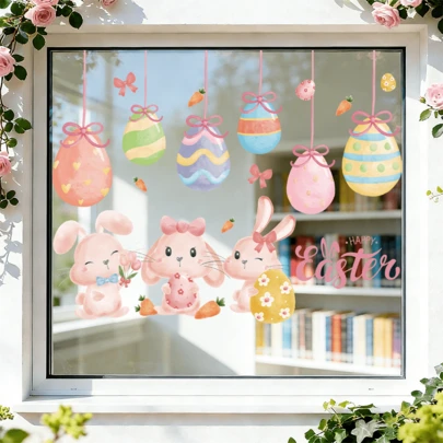 1/3pcs Easter Electrostatic Adsorption Window Cling. Removable And Waterproof PVC. Cute Pink Bunny, Colorful Egg And "Happy Easter". Suitable For Living Room And Bedroom.