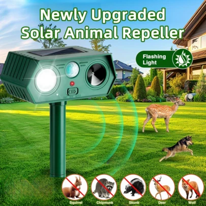 Máy đuổi động vật ngoài trời, máy đuổi siêu âm, máy xua đuổi sâu bọ và động vật gặm nhấm với đèn LED nhấp nháy và cảm biến chuyển động - Công nghệ năng lượng mặt trời, pin 1200mAh, sử dụng năng lượng mặt trời, thích hợp cho việc kiểm soát sâu bệnh ngoài trời trong sân vườn và trang trại, quản lý dịch hại trong sân vườn, xua đuổi hươu, gấu trúc, sóc, thỏ, cáo và gấu trong sân vườn.