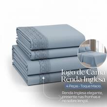 Micropercal 400 Thread Count Sheet Set, Queen And King Size, 4 Pieces, Embroidered With English Lace, Elasticated, Soft Touch, Plain, Habitat - 藍色蕾絲 - 查看 2