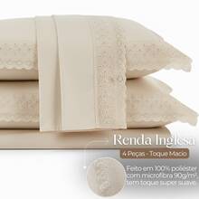 Micropercal 400 Thread Count Sheet Set, Queen And King Size, 4 Pieces, Embroidered With English Lace, Elasticated, Soft Touch, Plain, Habitat - 米色蕾絲 - View 4