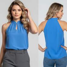 Women's Elegant Tank Top With High Neck, Pearl Detail, And Button Closure - 淺藍色 - 查看 7