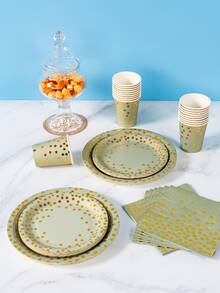 Sage Green & Gold Polka Dot Disposable Plates, Napkins, Cups - 8 Guest Set, Disposable Paper Plates Party Supplies Suitable For Birthday, Wedding, Theme Party, Family Picnic - Multicolor - View 5