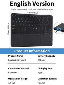 Detachable Rechargeable Touchpad Keyboard Case With Pen Slot (280mAh, English Version), Compatible With Samsung Galaxy Tab / IPad / Redmi IPad SE, Magnetic Bluetooth Keyboard Cover (Black) - Black - View 9