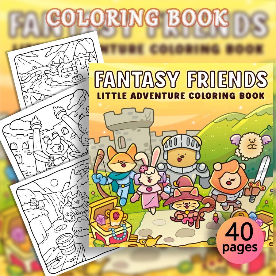 1本40页190克奇幻朋友成人涂色书 - 可爱宠物奇幻冒险+城堡宝藏插图，舒缓压力涂色疗法，情人节、女孩、婚礼、母亲节的理想礼物，厚纸，线条清晰，适合作为文具和学习用品。