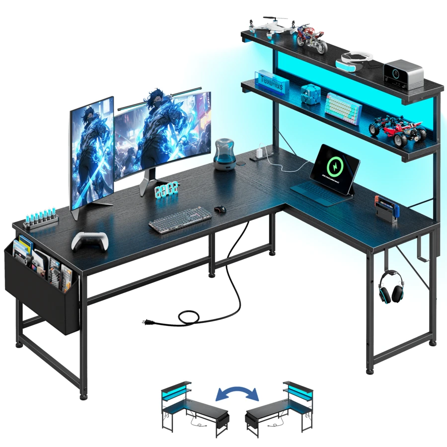 EnHomee Black Home Office Computer Desk L Shaped Desk Gaming Desk Reversible With LED Light Power Port Shelf For Small Spaces - View 1