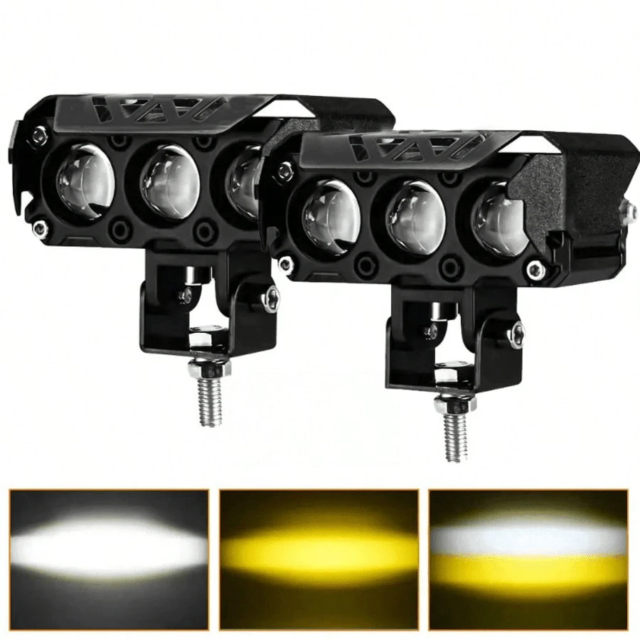 2pcs 3LED Car Motorcycle Dual Color Work Auxiliary Lights, 12-24V LED Motorcycle Projector Lights, Universal Fit For Harley And Other Models, White & Yellow Dual Color Motorcycle LED Projector Lens Lights