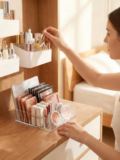 2pcs/Set No Drill Adhesive Wall Mounted Makeup Storage Box + Transparent Acrylic Eyeshadow Palette Organizer, Space Saving Waterproof Vanity Organizer To Store Skincare, Cosmetics And Beauty Products