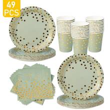Sage Green & Gold Polka Dot Disposable Plates, Napkins, Cups - 8 Guest Set, Disposable Paper Plates Party Supplies Suitable For Birthday, Wedding, Theme Party, Family Picnic - Multicolor - View 1