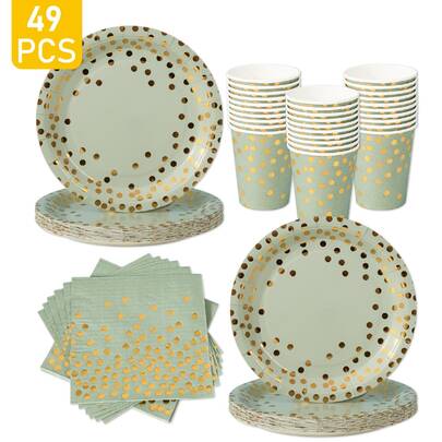 Sage Green & Gold Polka Dot Disposable Plates, Napkins, Cups - 8 Guest Set, Disposable Paper Plates Party Supplies Suitable For Birthday, Wedding, Theme Party, Family Picnic
