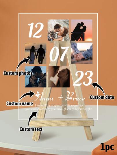 Custom Photo Name Date Acrylic Plaque, Personalized Couple Memory Display Sign, Valentine's Day Date Night Photo Plaque, Romantic Anniversary Keepsake Ornament, Customized Love Message Desktop Decor, Home Room Shelf Table Decoration Gift For Couples Girlfriend Boyfriend Wife Husband