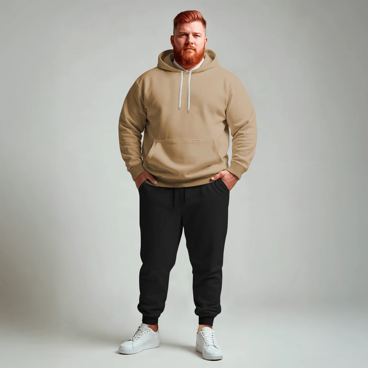 Men's Plus Size Fleece Set: Kangaroo Hoodie With Pocket, Various Colors + Jogger Pants With Pocket And Elastic Waistband - 卡其色 - 查看 1