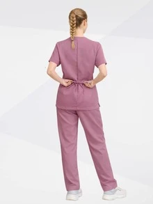 Unisex Hospital Scrub, /Nursing Surgical Pajamas With Pocket, Private Uniform With Pocket - 乾枯玫瑰色 - 查看 4