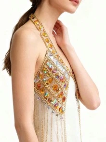 New Fashionable Acrylic Body Chain For Women, European And American Style Hollow Teardrop Rhinestone Chest Chain Necklace - Multicolor - View 5