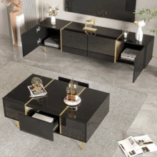 High Brightness TV Unit With Tea Table, With 4 Doors, Modern And Minimalist Style, Black, White. - Black - View 4