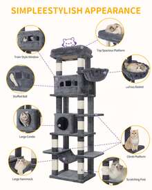 Hzuaneri 170 Cm Large Cat Tower For Indoor Cats,Cat Tree,  Multi-Level Cat House With Condo, 8 Scratching Posts, Hammock - Dark Grey - View 2