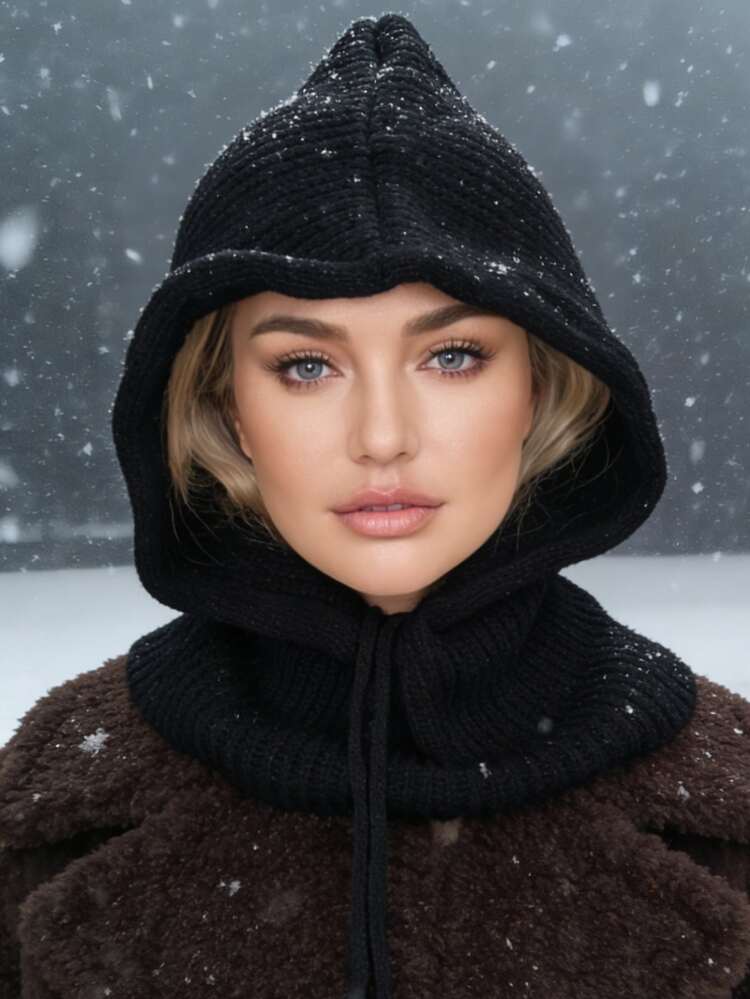 1pc Women's Balaclava Hat With Detachable Neck Warmer, Wool Blend Thermal Neck Gaiter Ski Mask, Outdoor Winter Warm Scarf Hood, Suitable For Muslim Headscarf Dress - Black - View 4