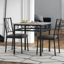 Juego de comedor de 3 piezas para 2, mesa de cocina industrial de madera y 2 sillas acolchadas de cuero sintético con estructura de metal para espacios pequeños, apartamentos y cocinas. - Gris - Ver 7