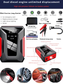 1 Peça Auxiliar de Partida Portátil para Carro, Equipado com Compressor de Ar, Luz LED de Emergência e Fonte de Alimentação, Pode Inflar Pneus, Bolas, etc. Rapidamente. Pode Carregar Rapidamente Telefones, Laptops, Carros, Caminhões, RVs, etc. Inclui Bolsa de Armazenamento, Carregador de Bateria de Carro | Bateria de Alta Qualidade | Funções Avançadas! Melhor Ferramenta de Emergência! - Multicolorido - Visão 3