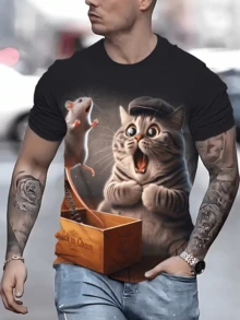 Men's Novelty 3D Cat & Mouse Pattern T-Shirt | Round Neck, Short Sleeve, Casual Summer Tee With Funny "Cat In The Box" Design, Slightly Stretchy Fabric - Multicolor - View 3