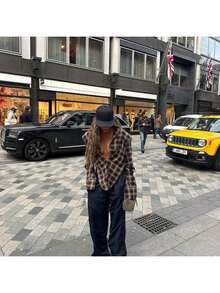 Women's Plaid Ruffle Hem Long Sleeve Casual Side Slit Hem Shirt, Autumn Spring - Dusty Purple - View 6