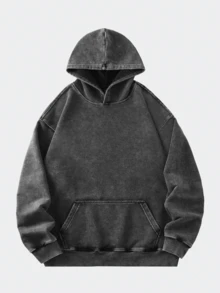 All Cotton Wash Old Textured Vintage Hoodie Men's Cotton Pickling Hoodie Loose Basic Casual Street Jumper With Pockets - 黑色 - 查看 1