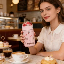 Miniso Sanrio Thermos Cup High-Value Cartoon Cute My Melody Stainless Steel Vacuum Flask With Rope Mini Portable Insulated Water Cup Water Bottle Tumbler 280ml/9.47oz - Pink - View 2