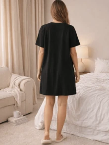 1-Pcs Women's Nightgown, With Pockets, Folded Cuffs, Round Neck, Short Sleeves, Available In Sizes S-XXL, Comfortable And Well-Fitting, Suitable For Spring And Summer Wear.  Women's Clothing, Women's Sleepwear, Women's Dress, Women's Short Dress. - màu đen - Xem 4