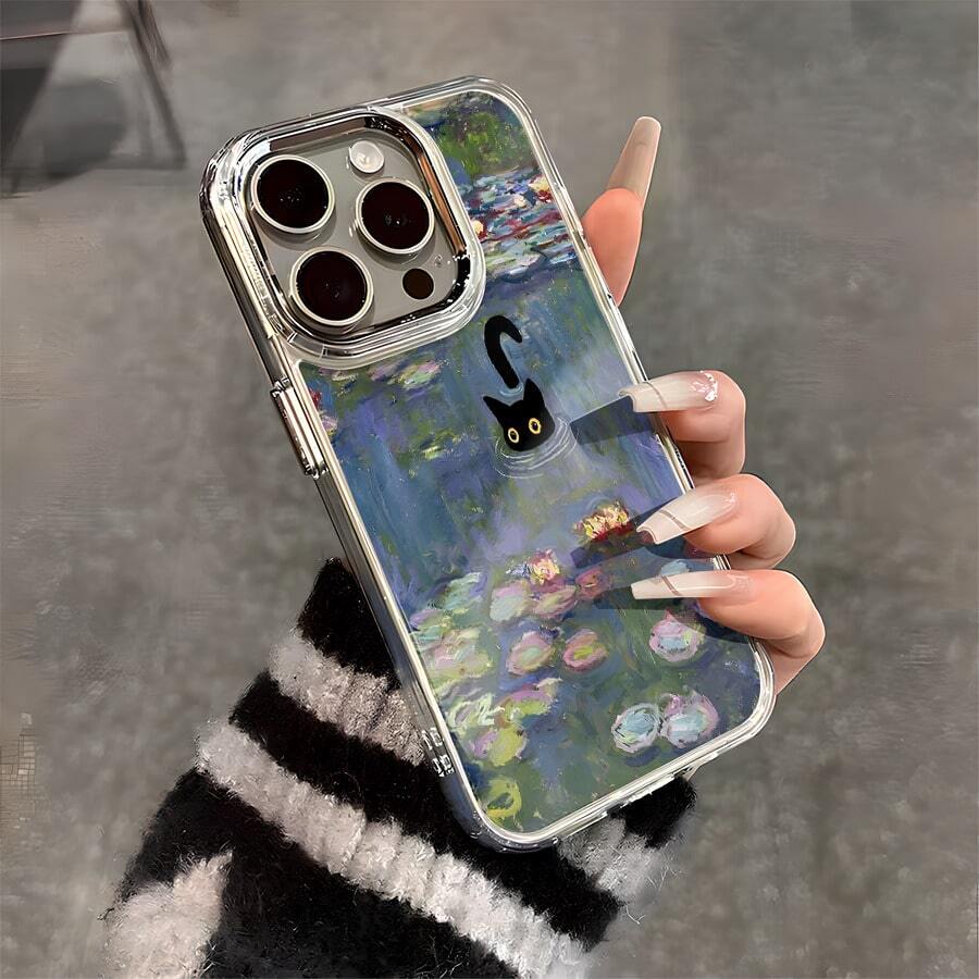 Un dibujo humorístico de un gato negro en un estanque de nenúfares. Dise?o de impresión,Protector Transparente de Alta Calidad para Celular - Funda Anti-Caídas de TPU para Multi-Modelos (OPPO, Redmi, , ) - Ideal para San Valentín y Halloween - transparente - Ver 1