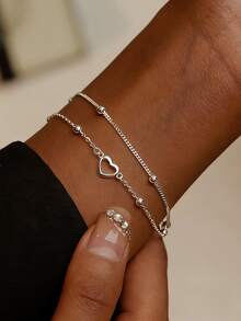 AETOLIA S925 Sterling Silver Double Layer Bracelet For Women Personalized Heart Design White Gold Plated Chain Adjustable - Silver - View 4