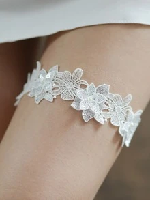 1件蕾丝花朵新娘吊袜带腿带，婚礼派对配饰（适合大腿周长：42-66厘米） - 白色 - 查看 8