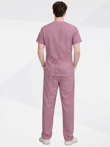 Unisex Hospital Scrub, /Nursing Surgical Pajamas With Pocket, Private Uniform With Pocket - 乾枯玫瑰色 - 查看 6