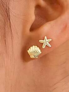 1 par de pendientes de botón con diseño de vida marina bohemio de aleación de zinc con estrella de mar, concha y caballito de mar, regalo de playa y verano, para uso diario - Plateado - Ver 7