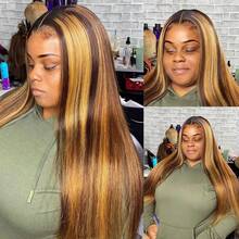 13x6 13x4 HD Lace Front Wig, 200% Density Human Hair Blend, Pre-Plucked Bleached Knots Straight Hair, #P4/27 Highlighted Human Hair Blend Wig, 26 Inch Women Pre-Trimmed HD Lace Front Wig With Baby Hair - SP4/27 - View 5