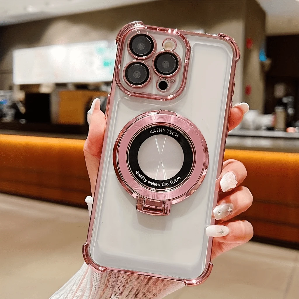 奢华防震粉色保护手机壳 - 全新磁吸支架，兼容 16、15、14、13、12、11 Pro Max，晶莹剔透，防震防摔 - 磁吸式手机壳 - 适用于多种型号 - 粉色 - 查看 1