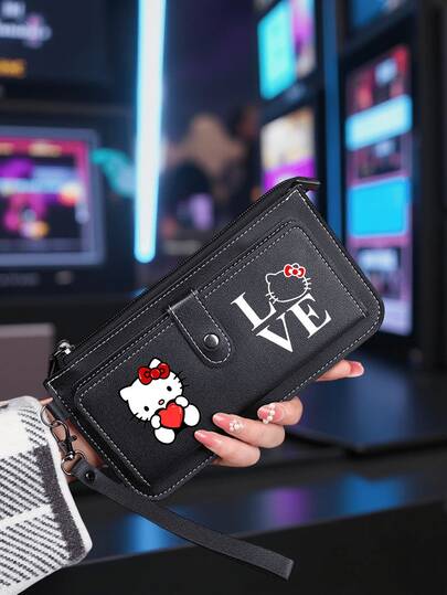 [Kitty Cat Print Wallet] 1pc Kitty Cat Long Wallet With Wrist Strap, Card Slots, Zipper Closure, Coin Pocket, Fashionable Print Design, Ideal Gift For Daily Use, Travel Accessory, Outdoor Shopping