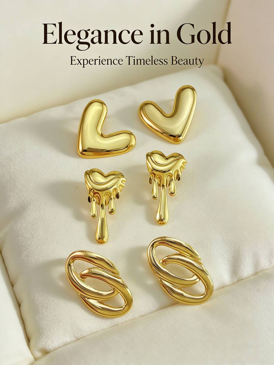 Solid Stainless Steel Earrings, Stainless Steel Jewelry, Women's Earrings, Pituitary Earrings, Gold-Plated Hinge Round Earrings, Bamboo, Texture, Diamond-Cut, Hexagonal, Square, Round, Butterfly Shape, Design, Solid Hypoallergenic Earrings Suitable For Sensitive Ears, Women's Charm Accessories, Middle Eastern Fashion Jewelry, Ramadan Decorative Jewelry And Accessories, Party And Festival Gifts (1/3 Pairs) - Multicolor - View 1